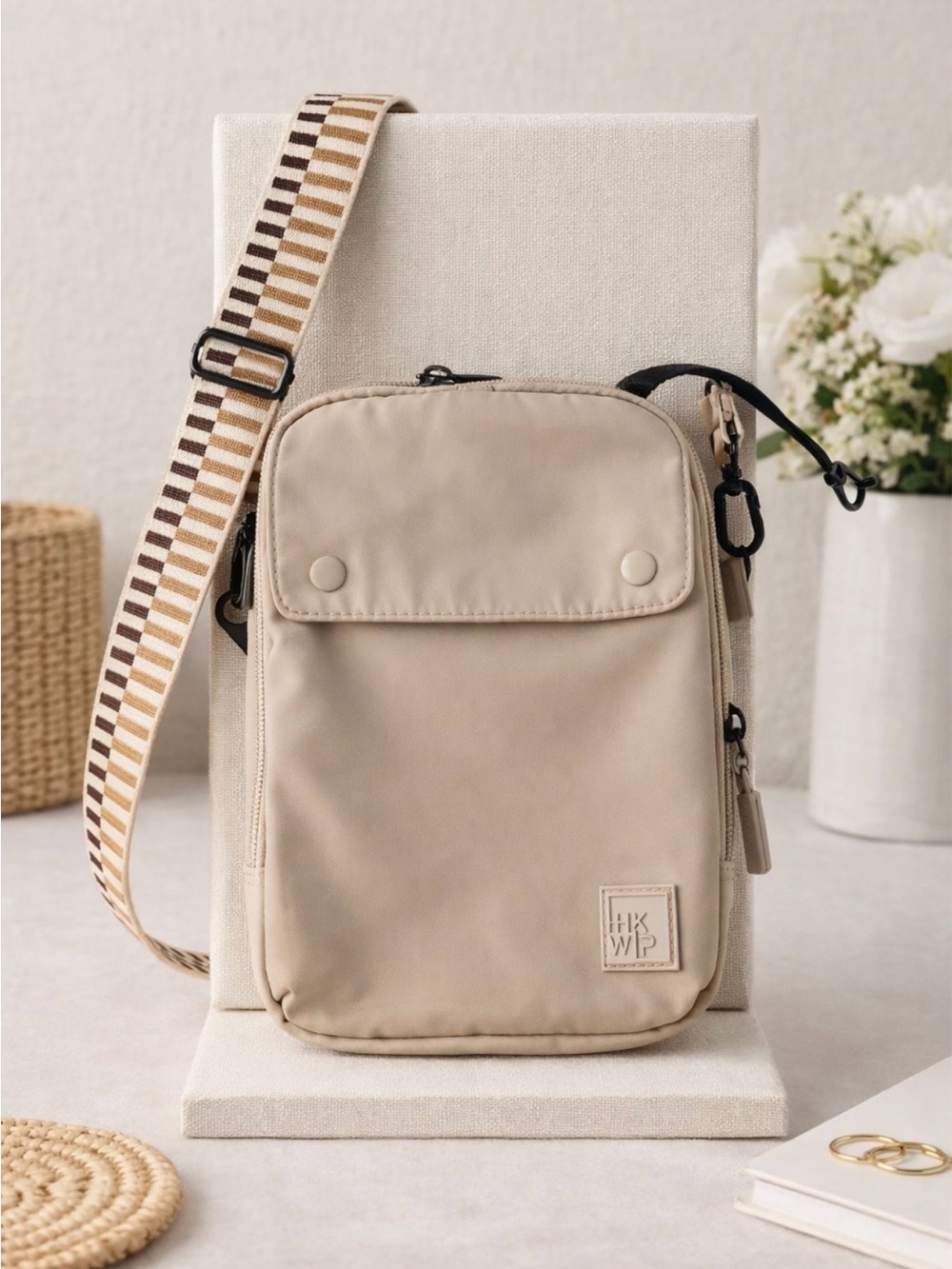 IHKWIP Women’s Beige Crossbody Bag Adj Striped Woven Strap Multi Pockets